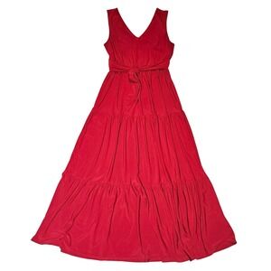 EMMA & MICHELE Red Sleeveless V Neck Tiered Maxi Dress Tie Waist Size S‎
